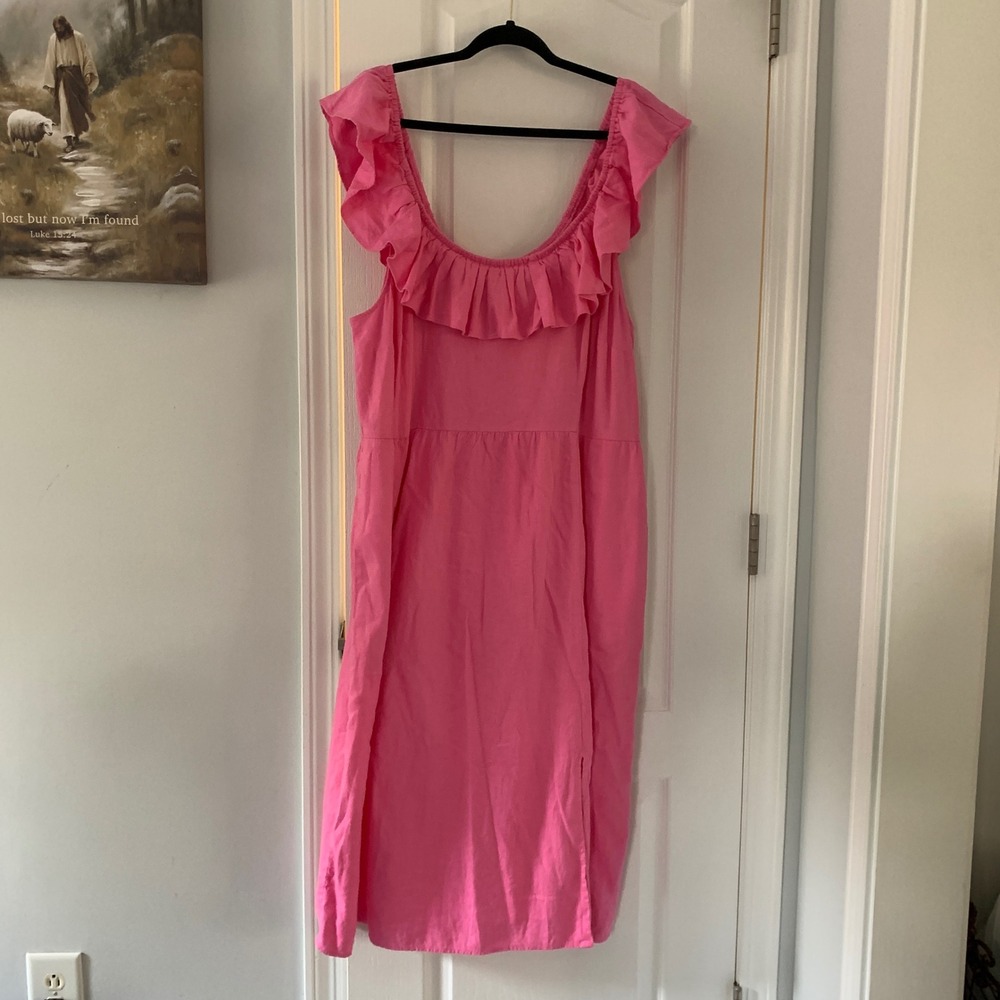Ava & Viv Pink Linen Blend Ruffle Smocked Midi Dress Womens Plus Size 2X